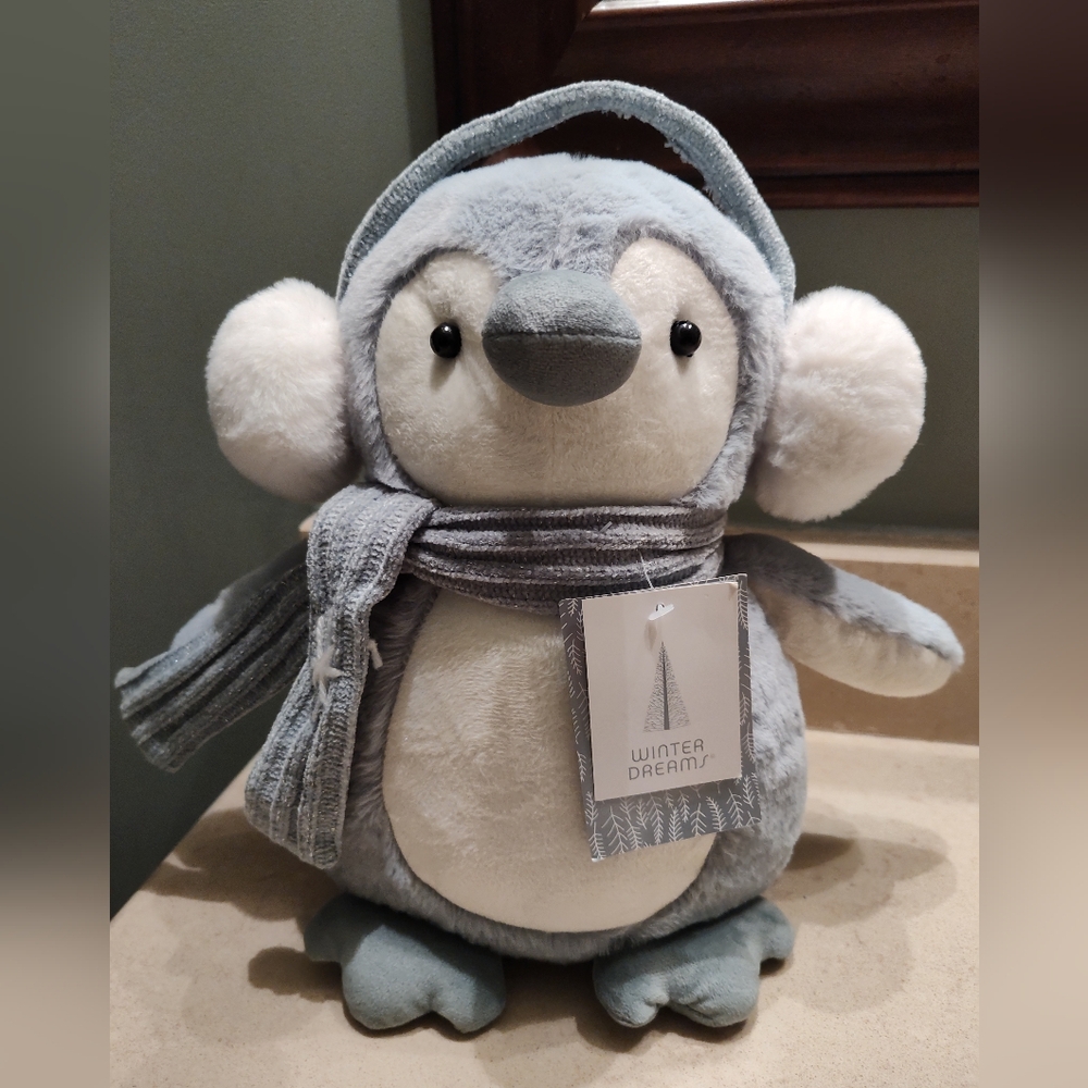 NWT Winter Dreams Gray and White Penguin Plush Toy With Blue Sparkly Scarf